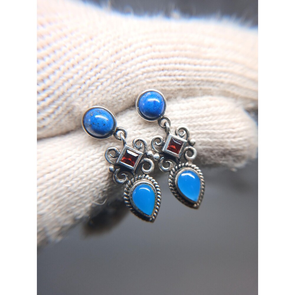 Vintage Sterling Silver 925 Thai Blue Iolite Lapis Lazuli Garnet Dangle Earrings